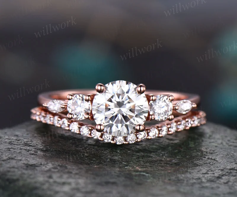 Round cut moissanite engagement ring set art deco rose gold ring for women five stone half eternity moissanite ring set promise ring set