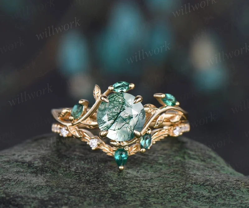 Vintage round cut green moss agate engagement ring yellow gold emerald art deco leaf nature inspired bridal promise wedding ring set women