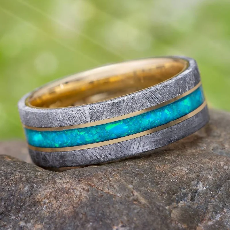 Authentic Gibeon Meteorite Wedding Band with Crushed Opal