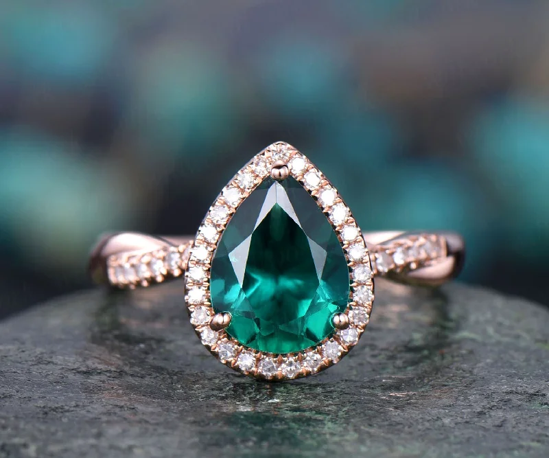 7x9mm green emerald engagement ring 14k rose gold emerald ring gold vintage diamond halo ring May birthstone gift women bridal wedding ring