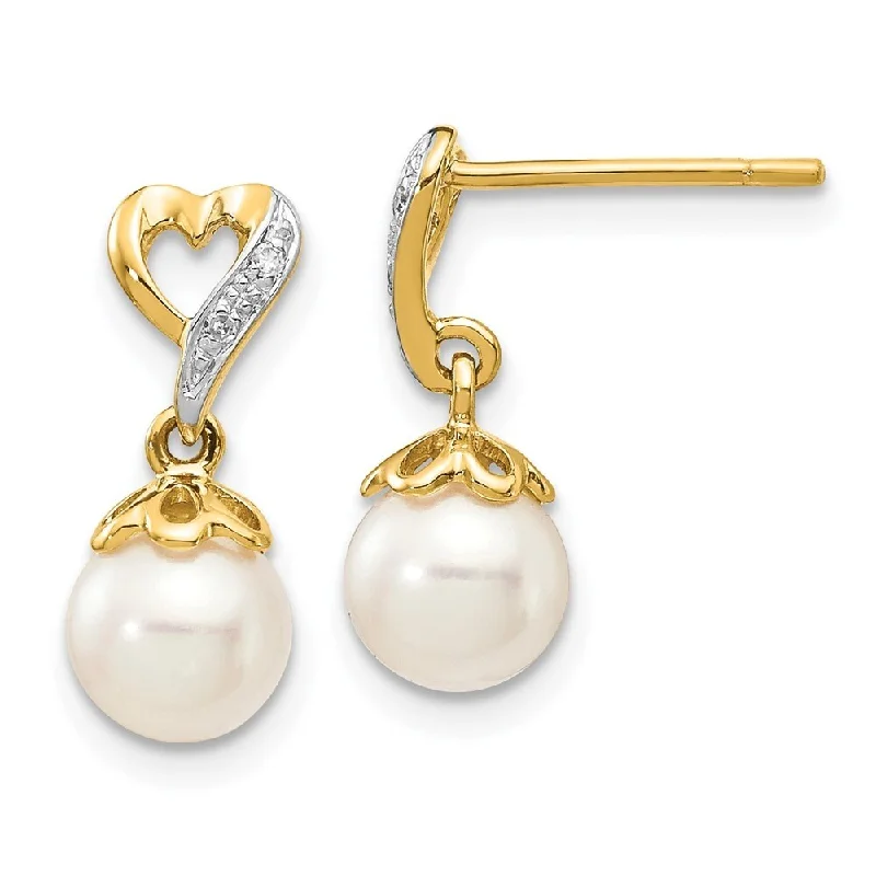 14k Yellow Gold Diamond And 6-7mm Pearl Heart Dangle Earrings (L-14 mm, W-6 mm)