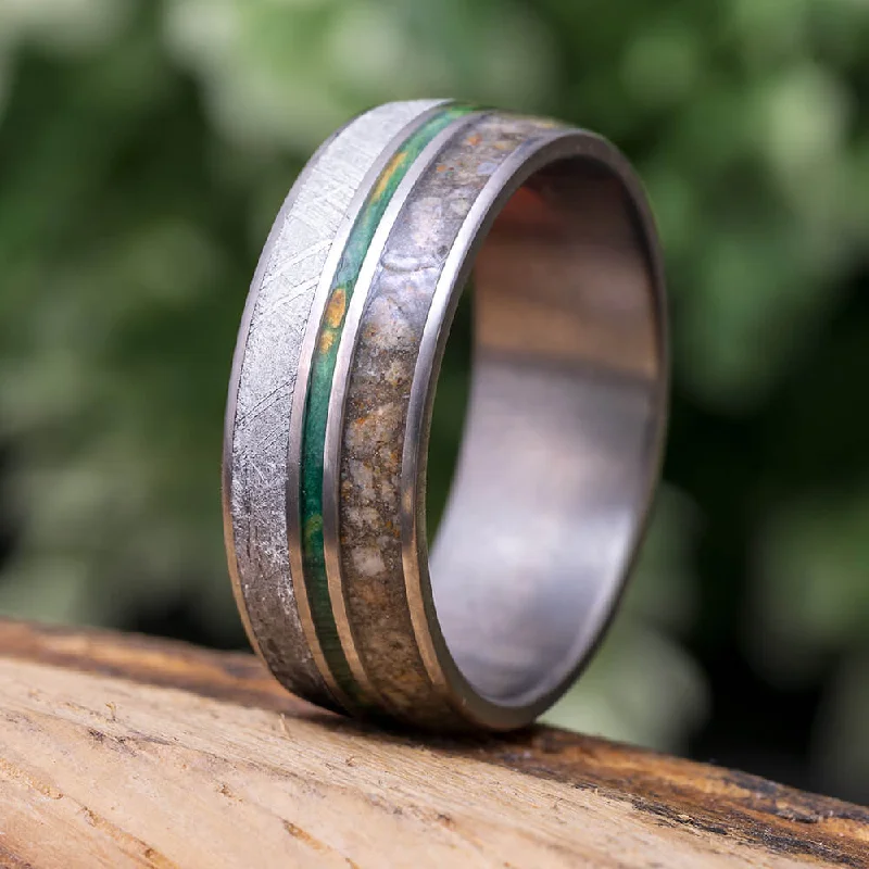 Men's Wedding Band With Green Box Elder Burl Wood, Dino Bone & Meteorite