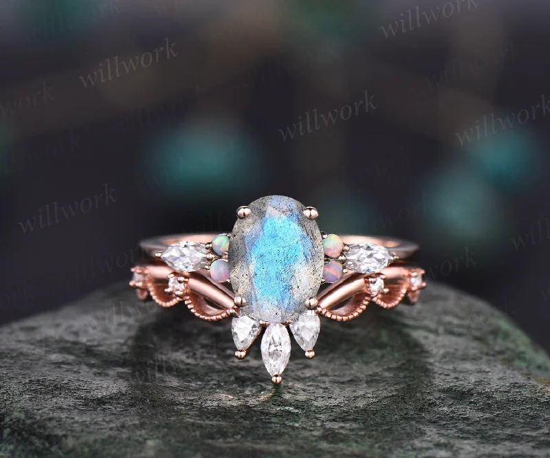 Vintage oval blue labradorite engagement ring set opal marquise moissanite five stones ring crown moissanite wedding band rose gold bridal set gifts for women