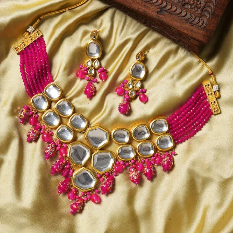 FS Collection Gold Plated Kundan Stone And Beads Necklace Set