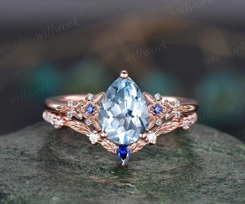 Vintage pear aquamarine engagement ring rose gold leaf flower sapphire ring women unique cluster diamond retro bridal wedding ring set gift