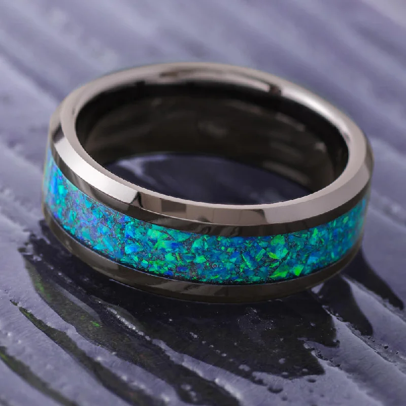 Black Ceramic & Blue Opal Men's Wedding Band