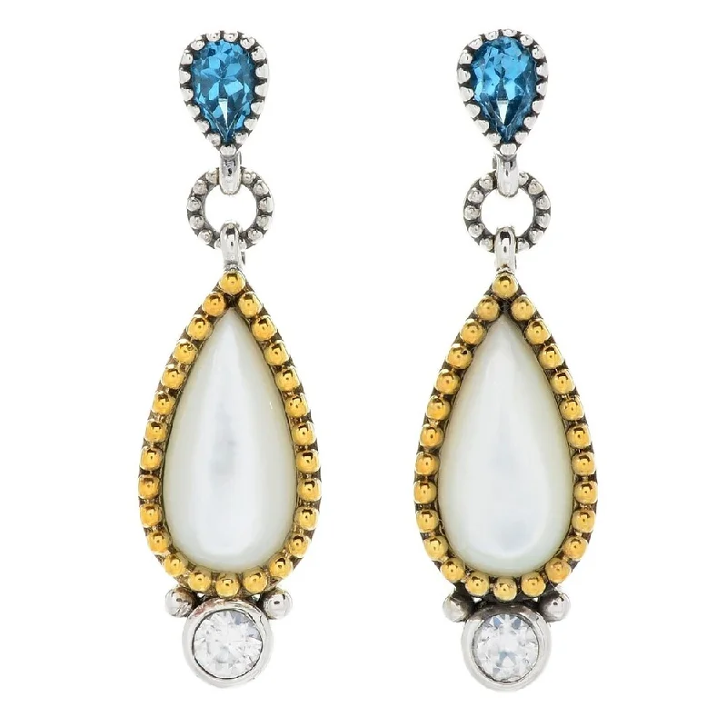 Sterling Silver 925 Swiss Blue Topaz,White Natural Zircon,White Mother of Pearl Earrings