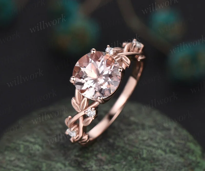 2ct Twig round cut morganite engagement ring 14k rose gold art deco five stone leaf branch Nature inspired diamond wedding ring for women