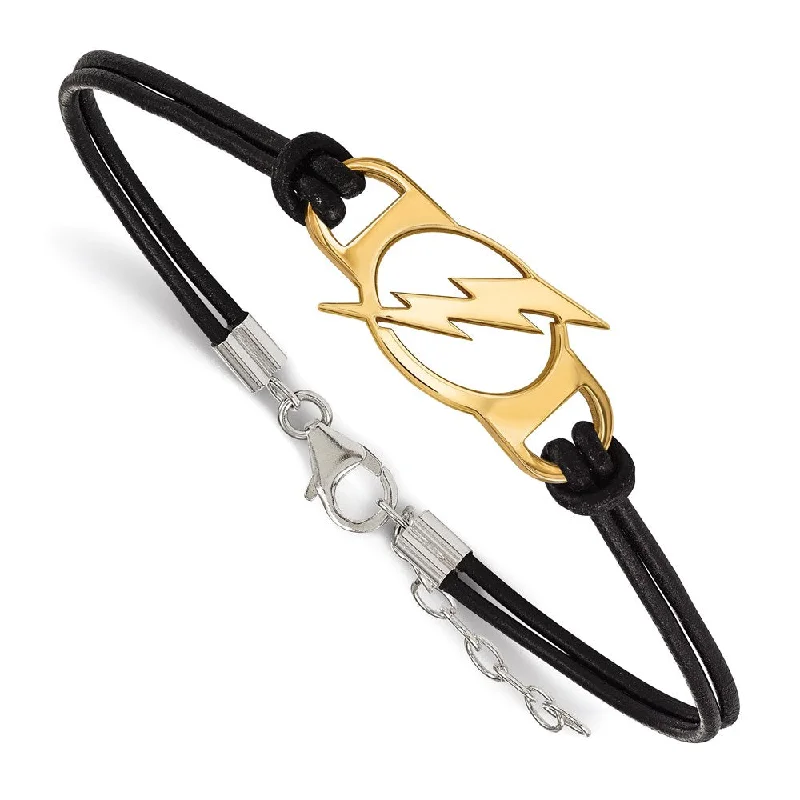 SS 14k Yellow Gold Plated & Leather NHL Tampa Lightning Adj. Bracelet