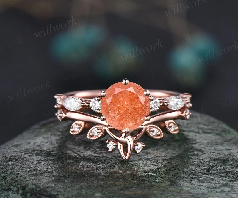 Round cut orange sunstone ring gold silver vintage unique natural sunstone engagement ring set art deco diamond wedding ring set women gifts