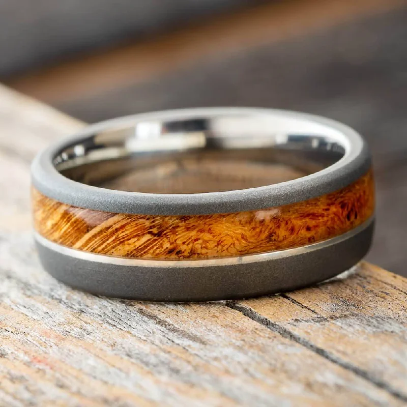 Cherry Burl Wood Wedding Band with Sandblasted Titanium