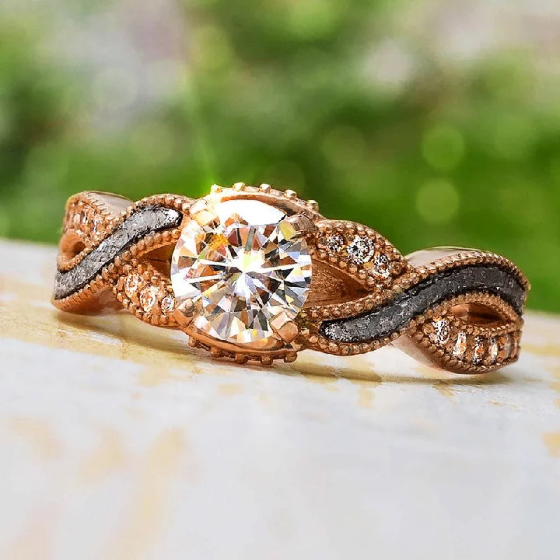 Rose Gold Engagement Ring With Meteorite & Diamond Shank Twist