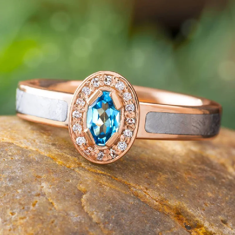 Meteorite Engagement Ring with Topaz and Halo in Rose Gold