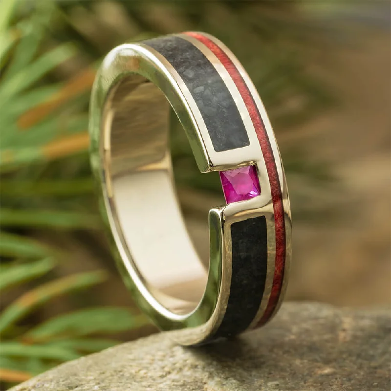 Ruby Ring for Men with Onyx and Red Box Elder Burl Wood