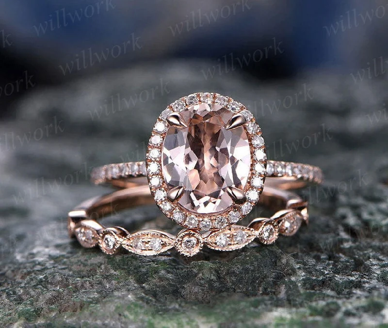 Morganite engagement ring set solid 14k rose gold ring real diamond halo ring matching oval antique jewelry wedding promise bridal ring set