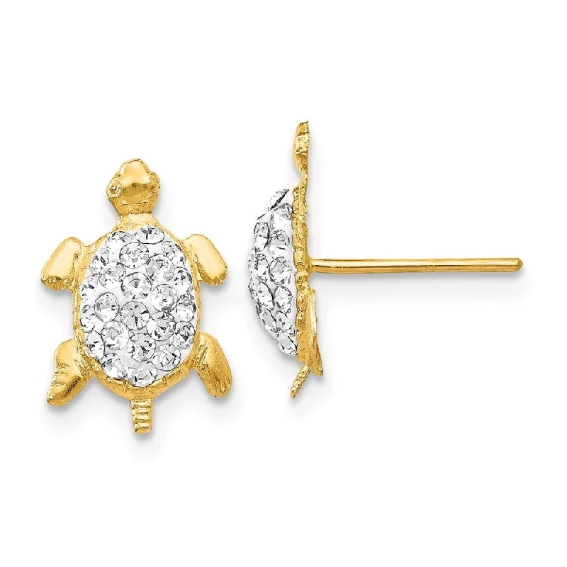 14k Yellow Gold Crystal White Turtle Stud Earrings (L-12 mm, W-9 mm)