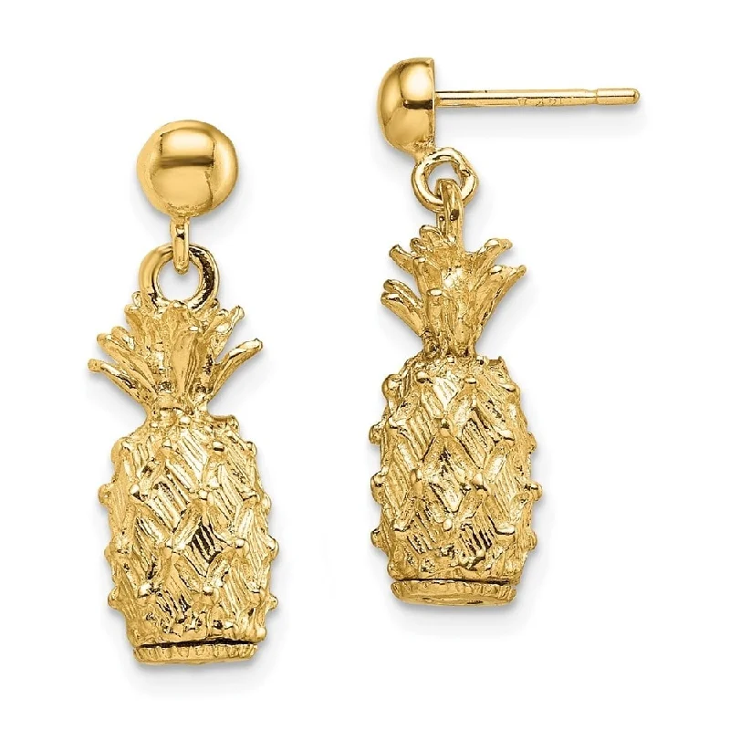 Diamond2Deal 14K Yellow Gold 3-D PINEAPPLE DANGLE EARRINGS (L-21.25 mm, W-6.57 mm)