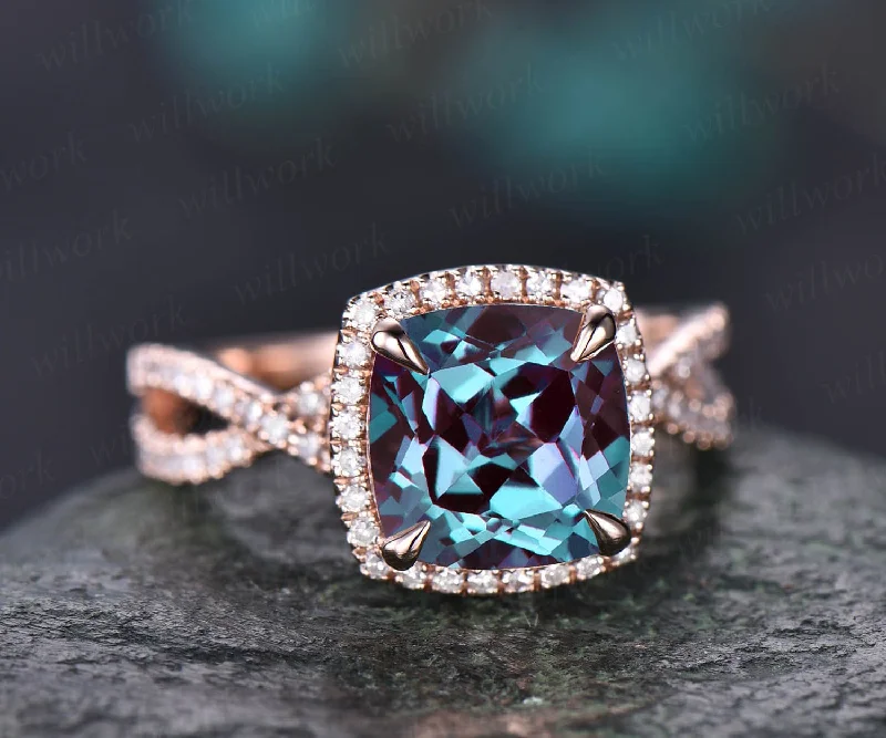 Cushion Alexandrite bridal ring vintage Alexandrite engagement ring rose gold women infinity halo diamond ring color change stone ring gift