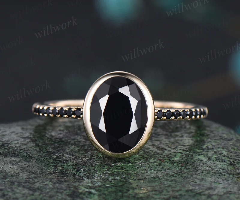 Bezel Set Oval Cut Natural Black Onyx Engagement Ring Unique Black Spinel Diamond Half Eternity Wedding Ring 14k Yellow Gold Ring