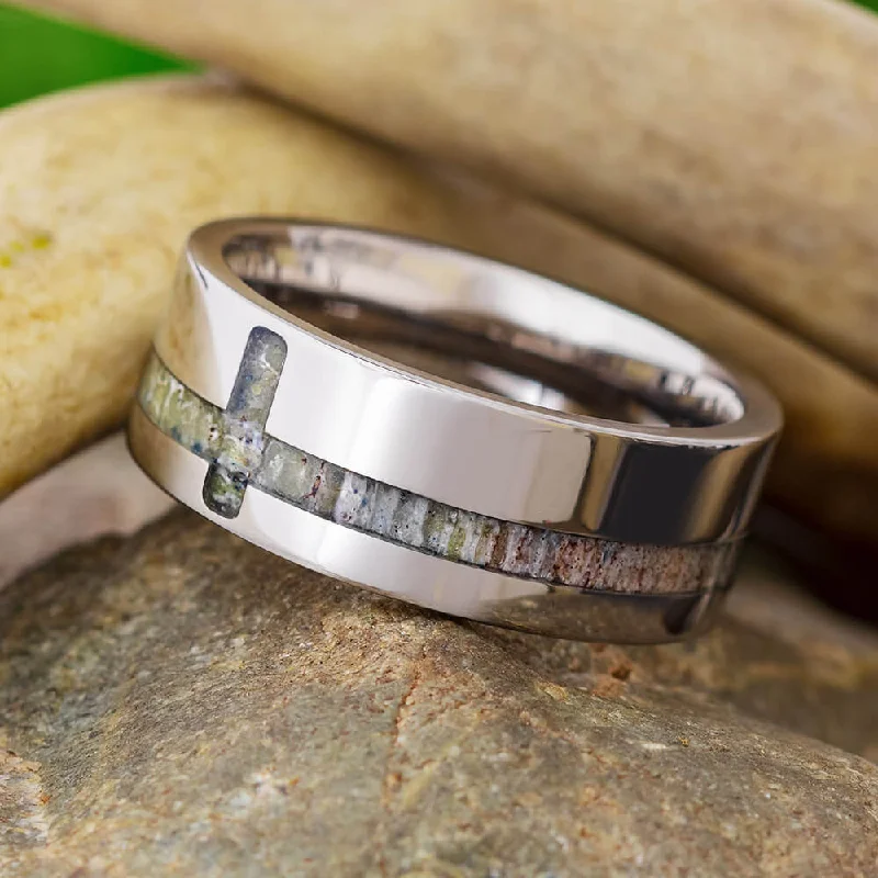 Titanium Ring With A Deer Antler Cross Inlay