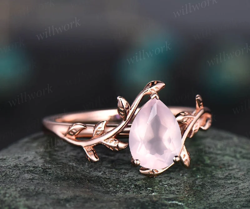 READY TO SHIP: Pear Rose Quartz Engagement Ring - Silver Rose Plated - Ring Size: 7.5 US