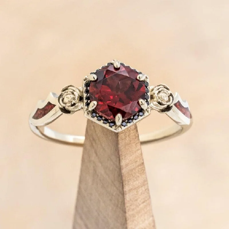 "LUCY IN THE SKY" - ROUND CUT GARNET ENGAGEMENT RING WITH BLACK DIAMONDS, ROSE ACCENTS & BAT WING SHAPED RED OPAL INLAYS