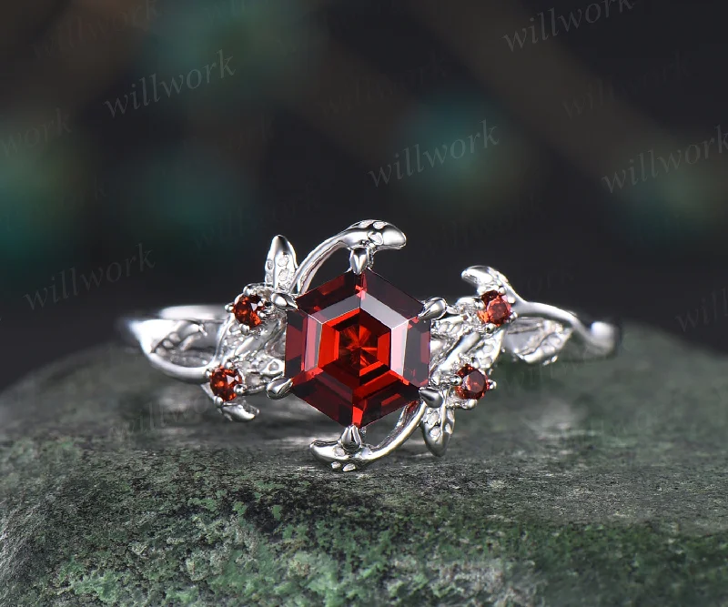 Natural red garnet engagement ring twig leaf hexagon shape garnet ring nature inspired wedding ring proposal ring January birthstone ring for women