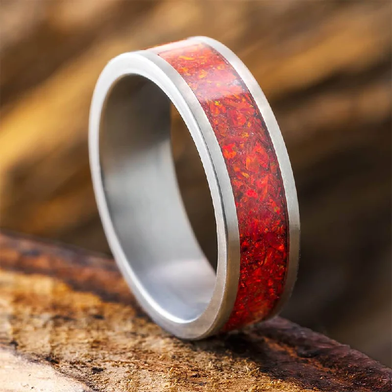 Vivid Red Synthetic Opal Wedding Band