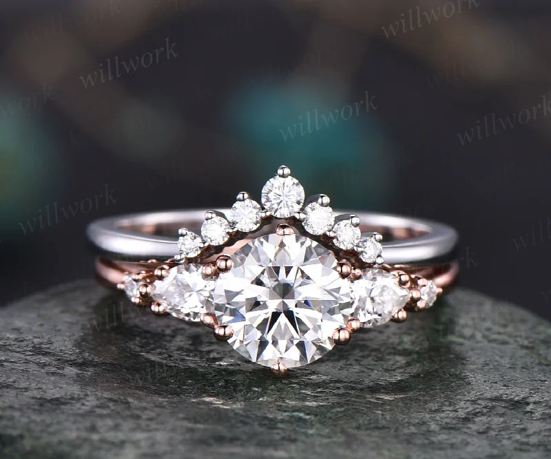 Unique moissanite engagement ring set five stone vintage rose gold ring for women dainty wedding promise anniversary bridal ring set women