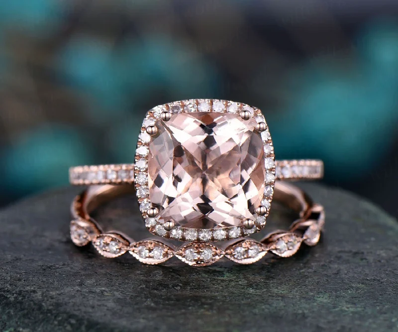 9mm cushion cut morganite bridal set pink morganite engagement ring set rose gold ring set art deco diamond ring set moissantie ring set