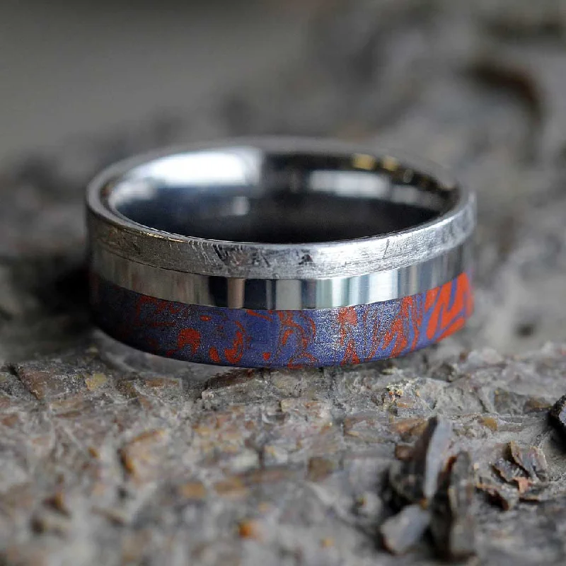 Tungsten and Mokume Gane Wedding Band with Meteorite