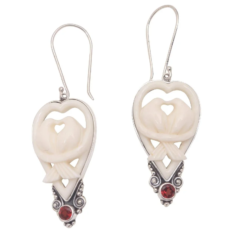 NOVICA Dove Couple, Garnet and bone dangle earrings