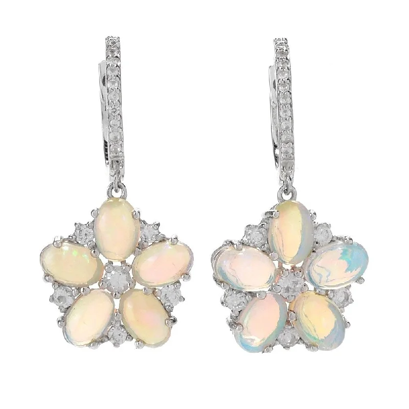 Sterling Silver 1" Ethiopian Opal & White Zircon Flower Earrings