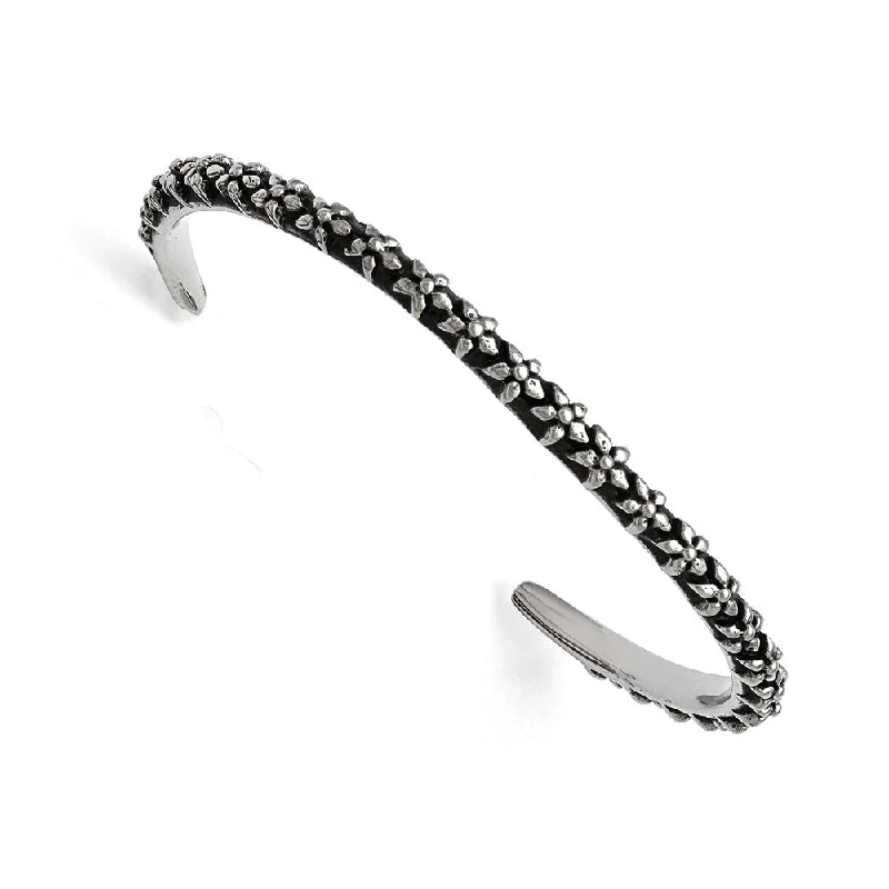 5mm Stainless Steel Antiqued & Polished Floral Thin Cuff Bracelet