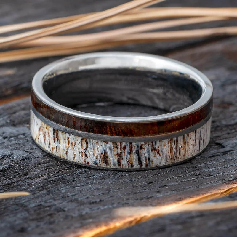 Manly Deer Antler Wedding Band with Ironwood in Titanium