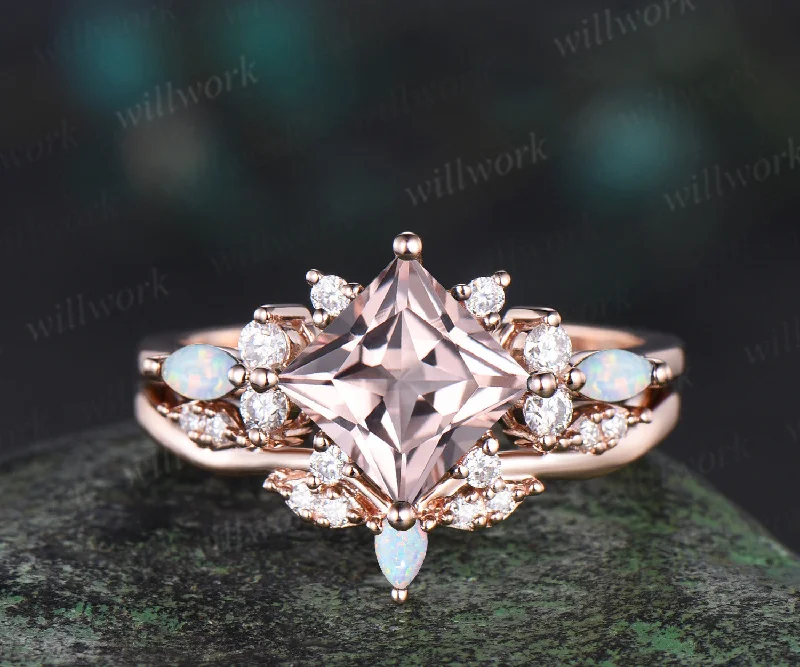 Pincess cut morganite engagement ring set cluster diamond rose gold opal ring women stacking promise wedding ring set