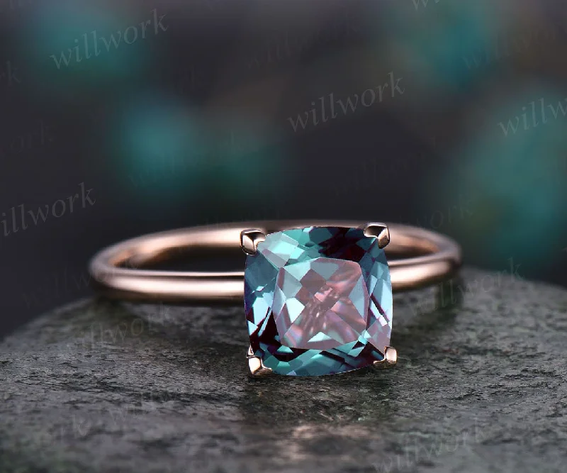 7mm cushion Alexandrite engagement ring vintage Alexandrite ring for women rose gold stacking solitaire ring custom jewelry birthstone ring