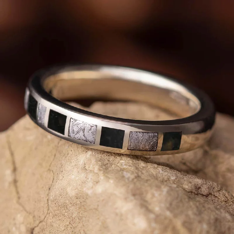 White Gold Wedding Band With Meteorite And Dinosaur Bone