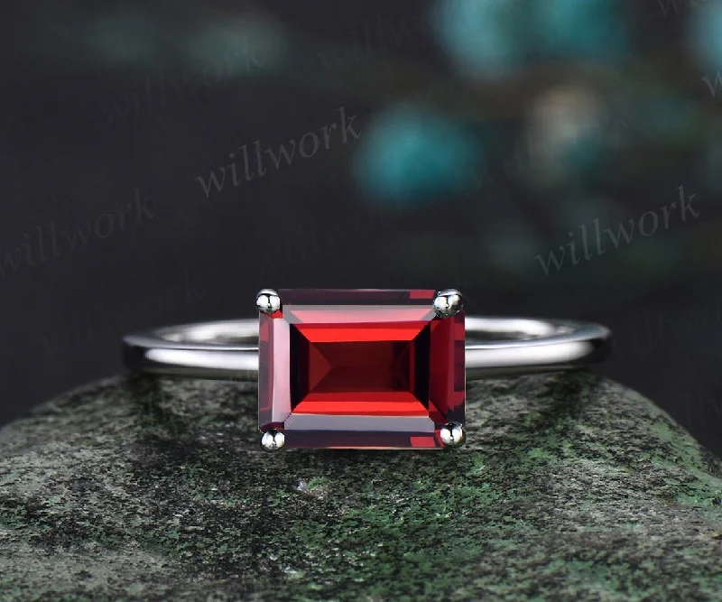 East to west emerald cut red garnet engagement ring women solid 14k white gold solitaire unique gemstone anniversary ring gift