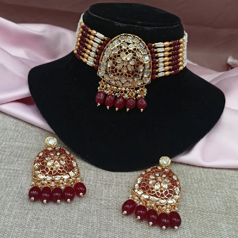 Amoliya Jewels Gold Plated Polki Kundan Stone And Beads Choker Necklace Set