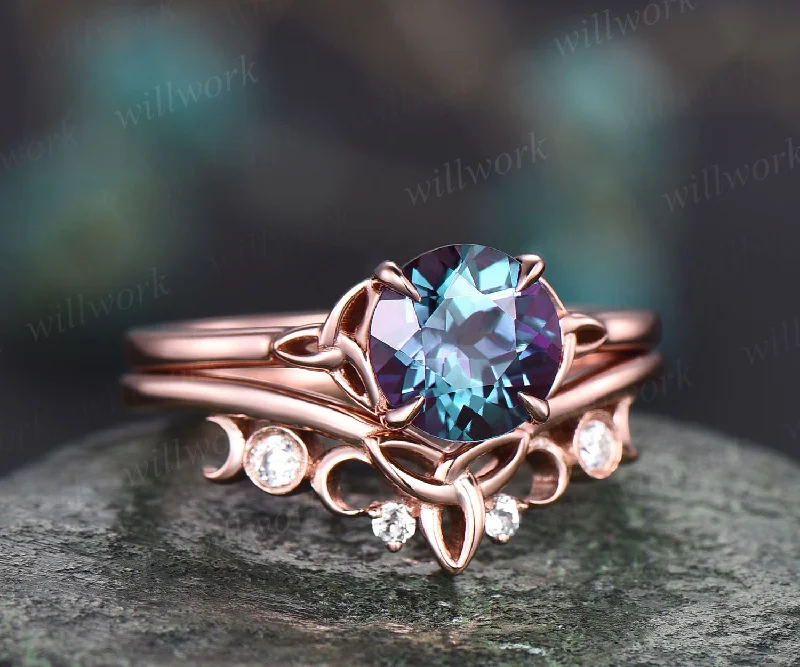 Vintage round alexandrite engagement ring set rose gold silver moissanite ring set moon Celtic Knot ring set Norse Viking ring band jewelry