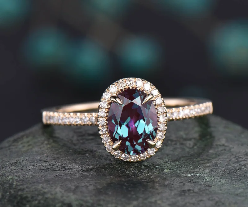 Vintage Alexandrite engagement ring oval Alexandrite ring for women rose gold real diamond halo ring June birthstone ring anniversary gift