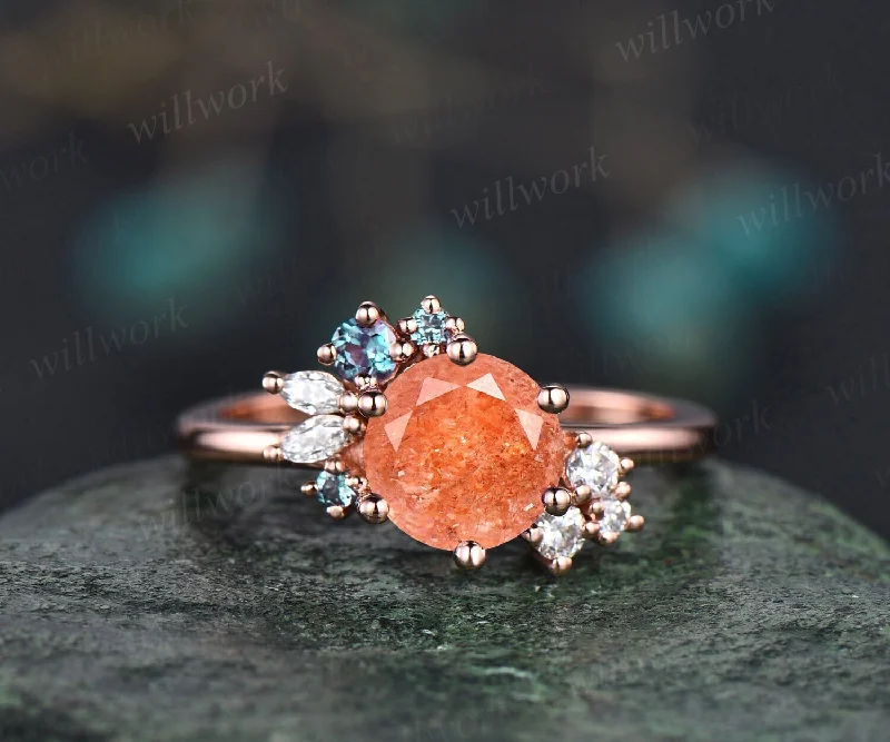 Round cut sunstone ring gold vintage sunstone engagement ring rose gold unique cluster engagement ring marquise cut diamond ring for women