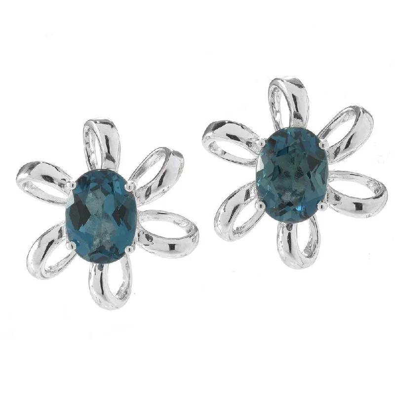 925 Sterling Silver Oval Topaz Flower Stud Earrings