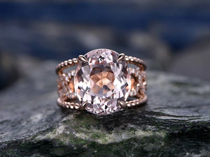 10x12mm Big Oval Morganite engagement ring- Solid 14k Rose gold  anniversary ring-Solitaire Stacking band- art deco floral promise ring