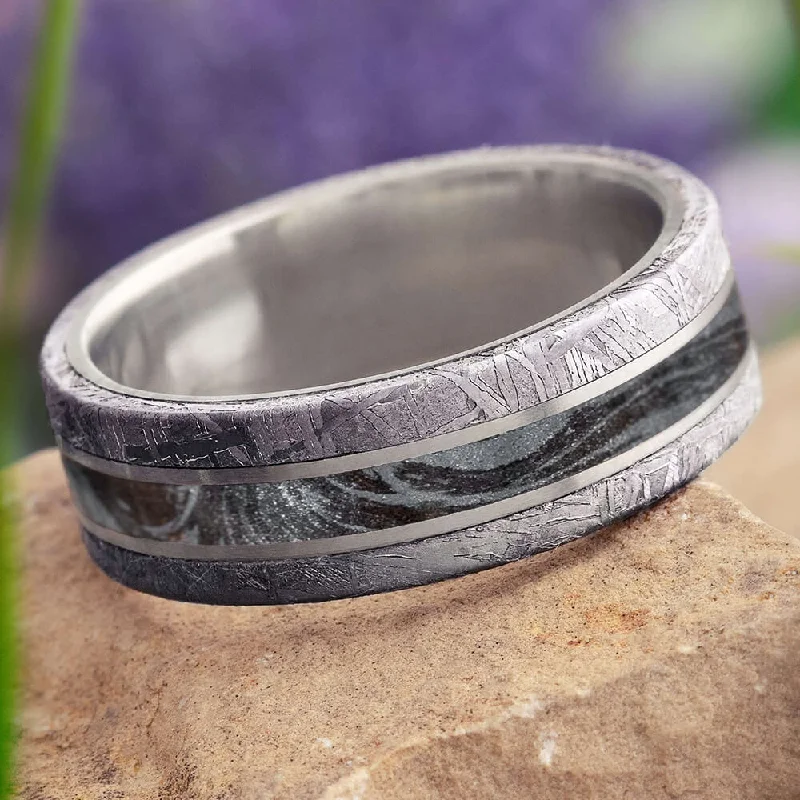 Authentic Meteorite Ring with Black and White Mokume Gane