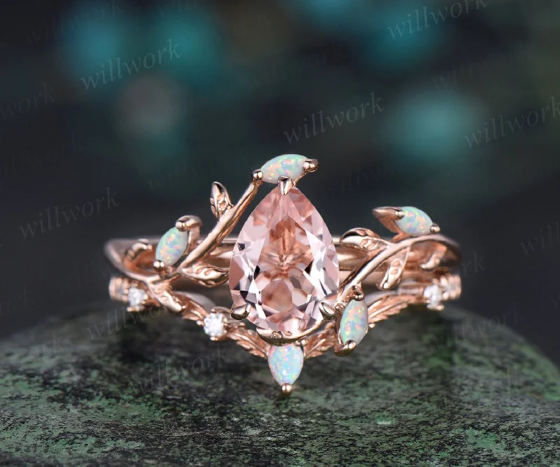 Vintage pear shaped morganite engagement ring 14k rose gold nature inspired leaf opal stacking bridal anniversary ring set women