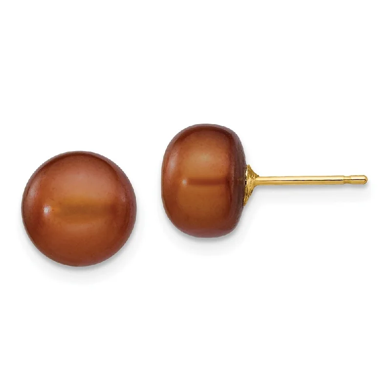 14k Yellow Gold Coffee Button Cultured Pearl Stud Earrings (L-8 mm, W-9 mm)