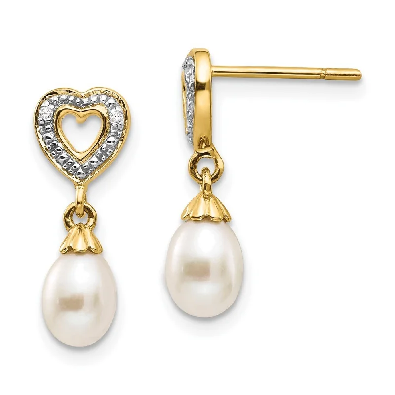 14k Yellow Gold Diamond and Pearl Heart Dangle Earrings (L-17 mm, W-6 mm)