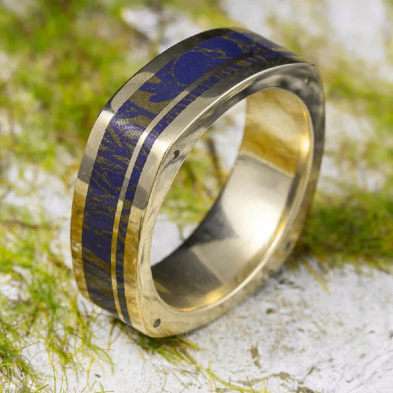 Lapis Mokume Wedding Band, Gold Ring with Side Accents